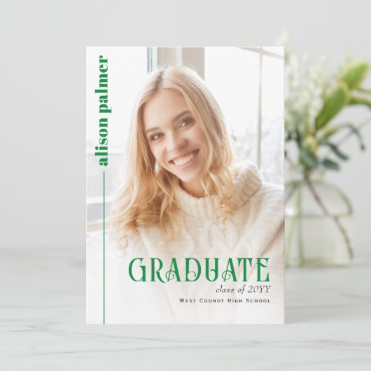 Class of 2026 GRADUATE minimalist green photo 案内状 (スタンド正面)