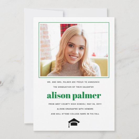 Class of 2026 GRADUATE minimalist green photo 案内状 (裏面)