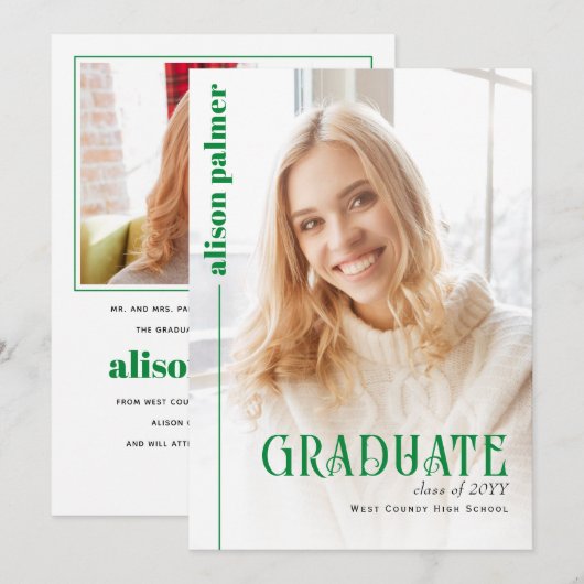 Class of 2026 GRADUATE minimalist green photo 案内状 (正面/裏面)