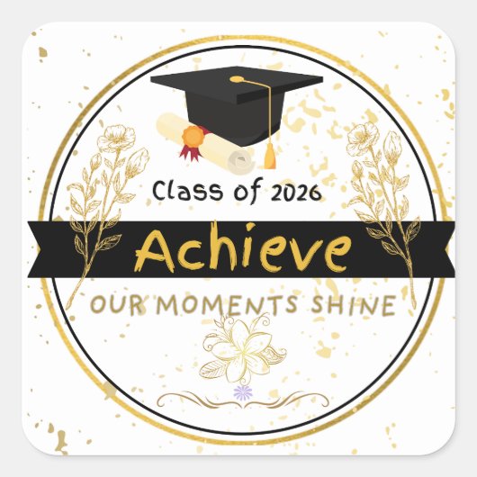 Class of 2026 Graduation Gold Floral Sticker スクエアシール (正面)