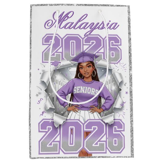 Class of 2026 Lavender & Silver Senior Graduation  ミディアムペーパーバッグ (正面)
