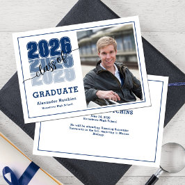 Class of 2026 Navy Blue Modern Bold Photo Grad 案内状
