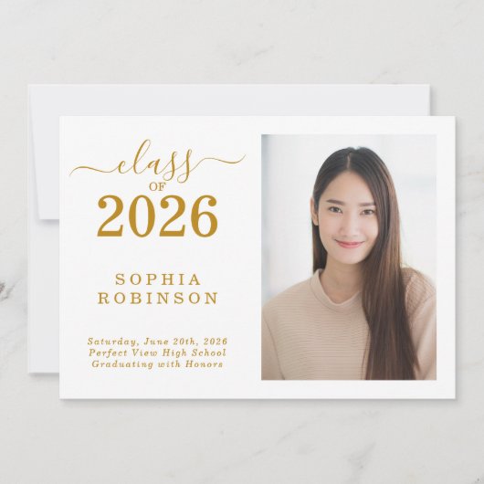 Class of 2026 Photo Gold Graduation Announcement 招待状 (正面)