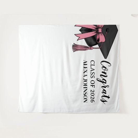 Class Of 2026 Pink Bow Graduation Cap Backdrop タペストリー (正面(横))