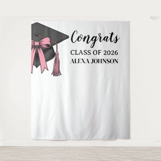 Class Of 2026 Pink Bow Graduation Cap Backdrop タペストリー (正面)