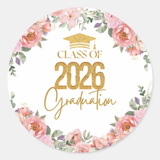 Class of 2026, Pink Gold Floral Theme ラウンドシール (正面)