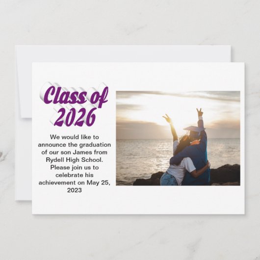 Class of 2026 purple text  graduation photo  招待状 (正面)