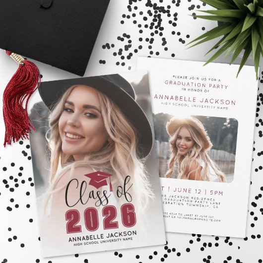 Class Of 2026 Red Graduate Photo Graduation 招待状