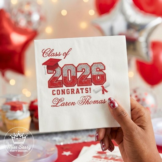 Class of 2026 Red & Silver Graduation Varsity 縁ありカクテルナプキン
