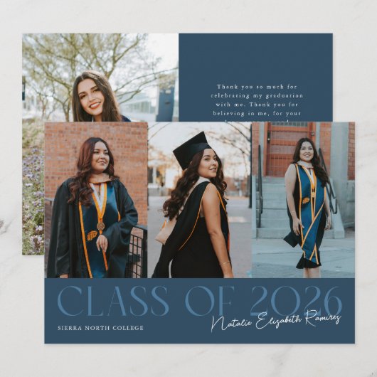 Class of 2026 Script Name Navy Blue Grad Photo 案内状 (正面/裏面)
