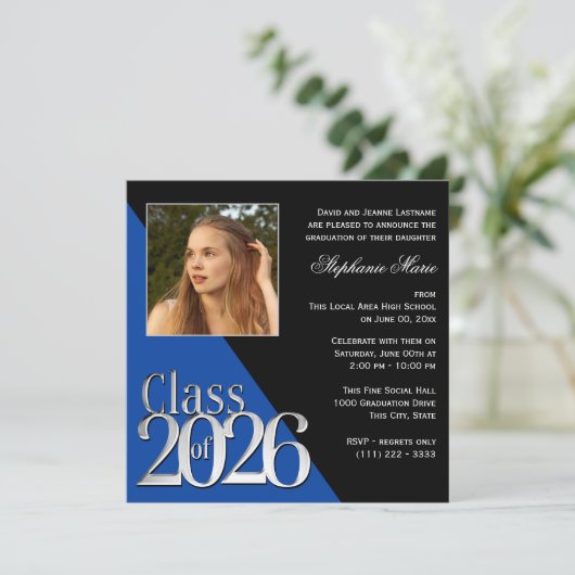 Class of 2026 Silver Grad Blue with Photo 招待状 (スタンド正面)