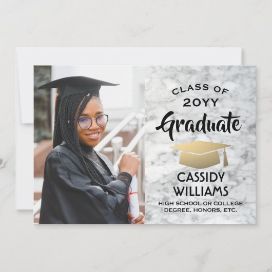 Class Year白大理石と金ゴールド卒業写真 招待状 (正面)