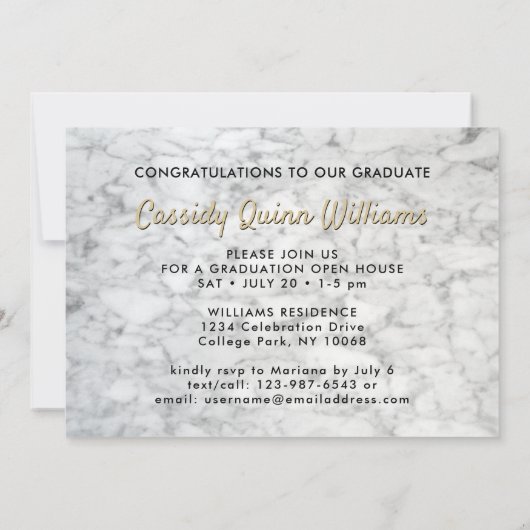 Class Year白大理石と金ゴールド卒業写真 招待状 (裏面)