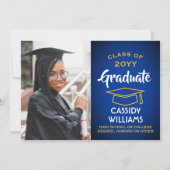 Class Year 王室の Blueと金ゴールドの卒業写真 招待状 (正面)