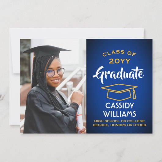 Class Year 王室の Blueと金ゴールドの卒業写真 招待状 (正面)