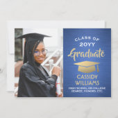 Class Year Brushed Blueと金ゴールド卒業写真 招待状 (正面)