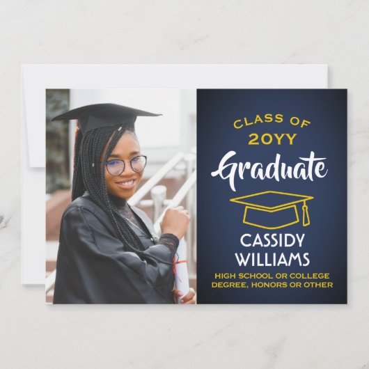 Class Year Navy Blueと金ゴールド卒業写真 招待状 (正面)