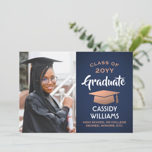 Class Year Navy Blue and Copper卒業写真 招待状 (スタンド正面)