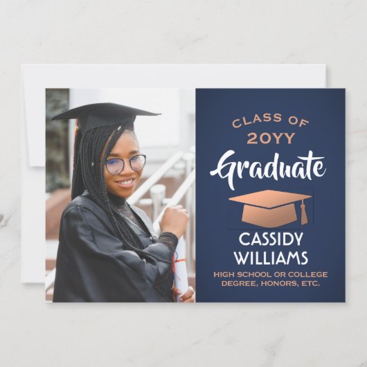 Class Year Navy Blue and Copper卒業写真 招待状 (正面)
