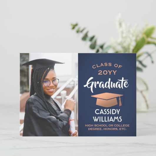 Class Year Navy Blue and Copper卒業写真 招待状 (スタンド正面)