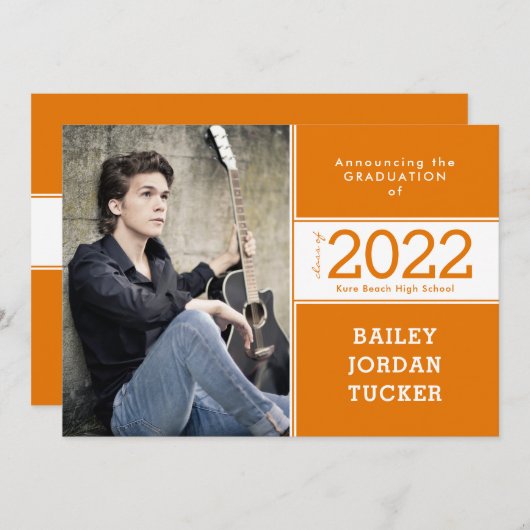 Class Year Orange & White 2-Photo卒業 案内状 (正面/裏面)