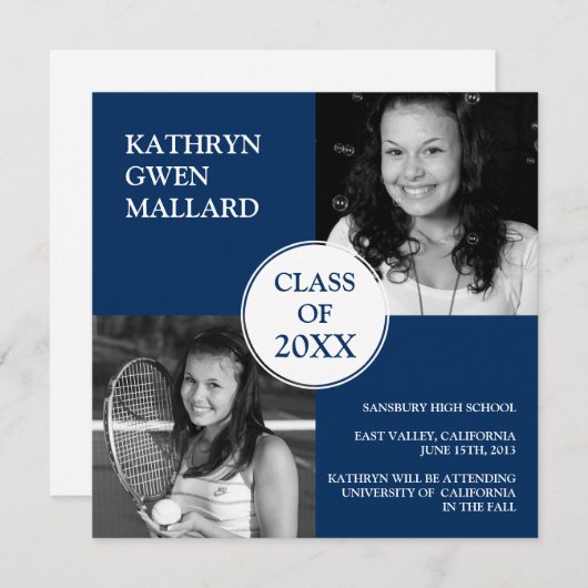 Class Year Photo Graduation Announcement Navy Blue 案内状 (正面/裏面)