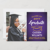 Class Year Purpleと金ゴールドモダン卒業写真 招待状 (正面)