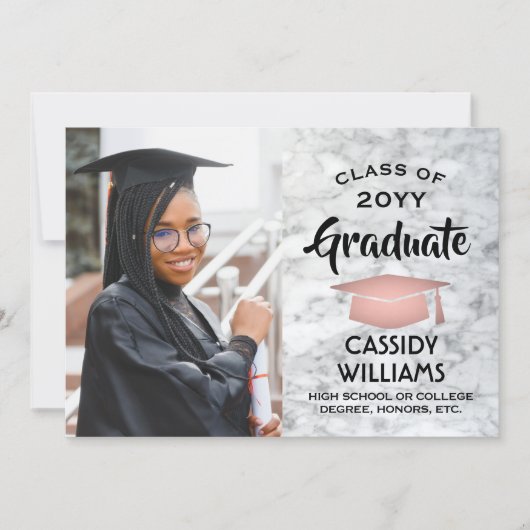 Class Year White Marble & Pink卒業写真 招待状 (正面)