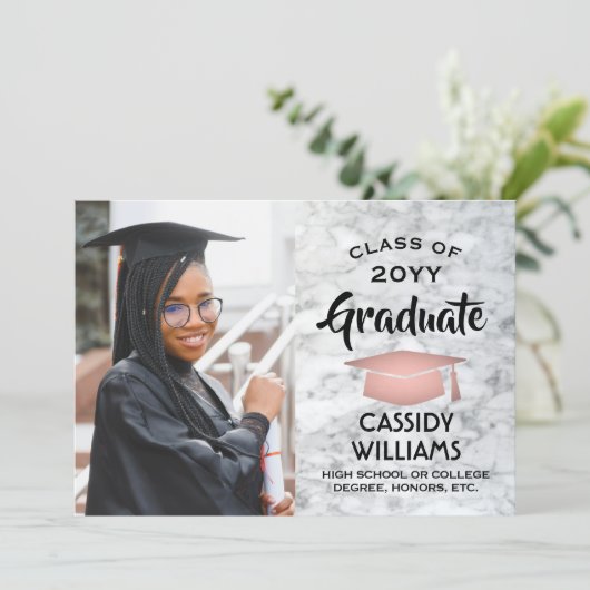 Class Year White Marble & Pink卒業写真 招待状 (スタンド正面)