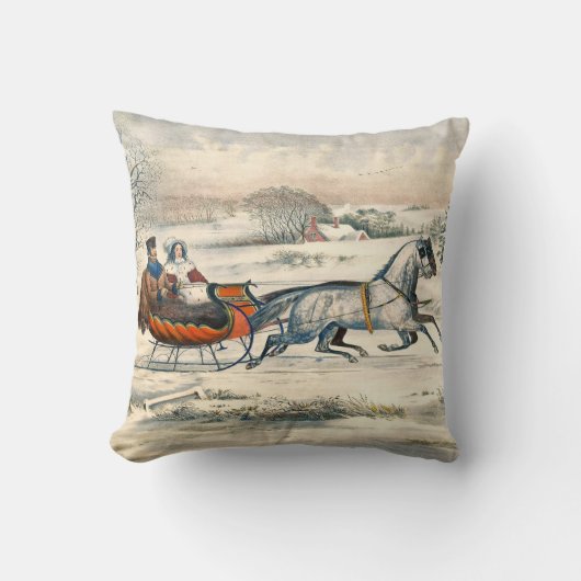 Classic 1853 Sleigh Ride Currier Ives Road Winter クッション (正面)