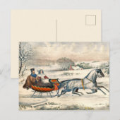 Classic 1853 Sleigh Ride Currier Ives Road Winter ポストカード (正面/裏面)