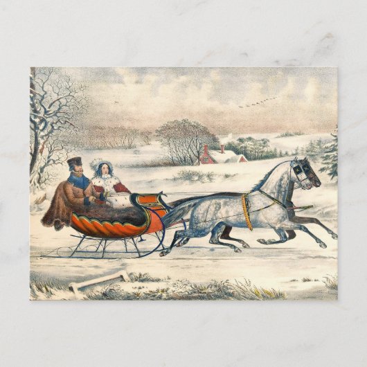 Classic 1853 Sleigh Ride Currier Ives Road Winter ポストカード (正面)