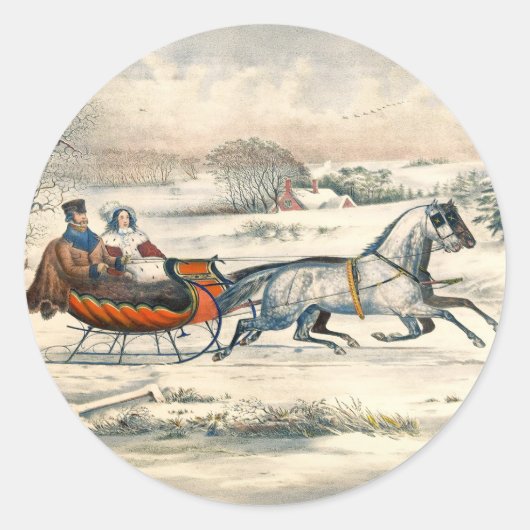 Classic 1853 Sleigh Ride Currier Ives Road Winter ラウンドシール (正面)