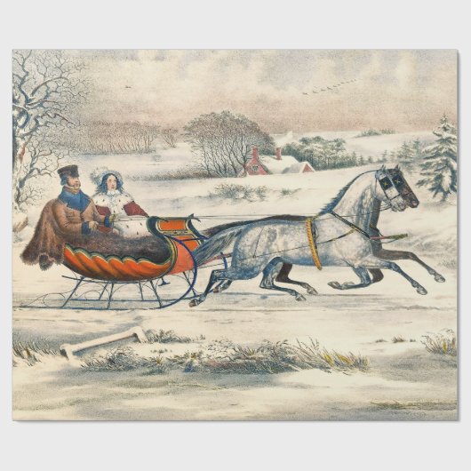 Classic 1853 Sleigh Ride Currier Ives Road Winter ラッピングペーパー (フラット)
