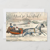 Classic 1853 Sleigh Ride Currier Ives Road Winter 招待状 (正面)