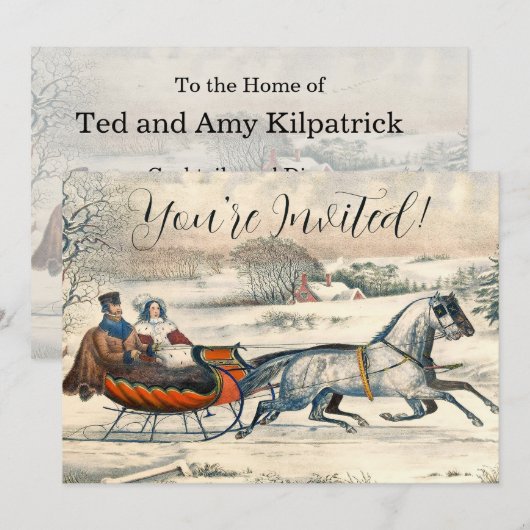 Classic 1853 Sleigh Ride Currier Ives Road Winter 招待状 (正面/裏面)