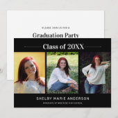 Classic 3 Photos Black Background Graduation Party 招待状 (正面/裏面)