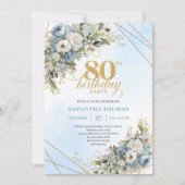 Classic 80th Birthday Elegant Dusty Blue Gold 招待状 (正面)