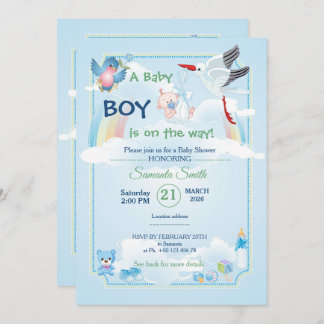 Classic and cute Stork Baby Shower Invitation 招待状