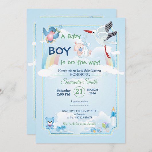 Classic and cute Stork Baby Shower Invitation 招待状 (正面/裏面)