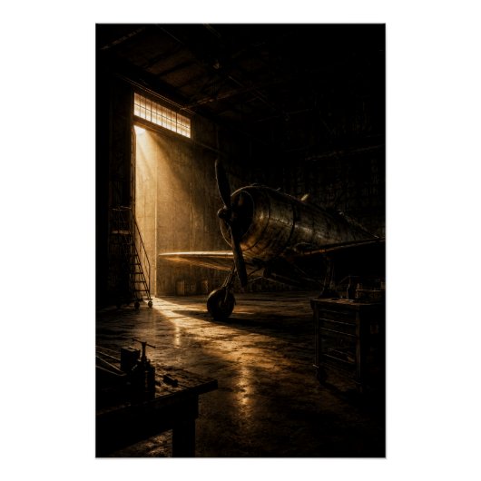 Classic Aviation Hangar Golden Light Poster ポスター (正面)