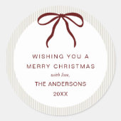 Classic Beige  Stripes Red Bow Merry Christmas ラウンドシール (正面)