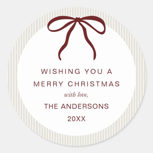 Classic Beige  Stripes Red Bow Merry Christmas ラウンドシール (正面)