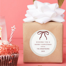 Classic Beige  Stripes Red Bow Merry Christmas ラウンドシール