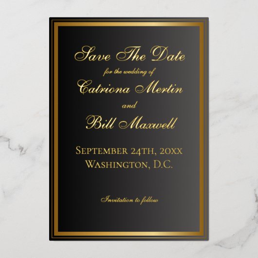 Classic Black and Gold Elegant Save the Date 箔招待状 (正面)
