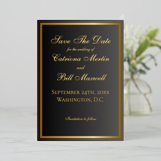 Classic Black and Gold Elegant Save the Date 箔招待状 (立ち正面)