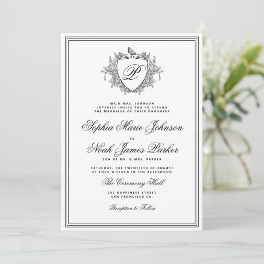 Classic black and white crest monogram wedding  招待状 (スタンド正面)