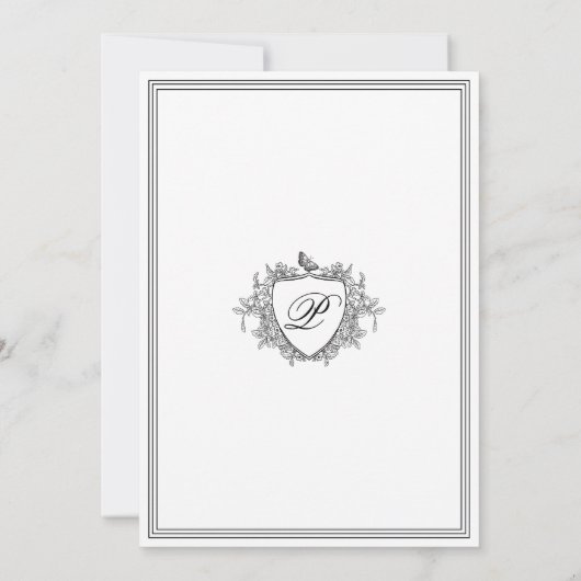 Classic black and white crest monogram wedding  招待状 (裏面)
