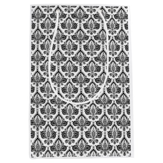 Classic Black and White Damask Textile Pattern ミディアムペーパーバッグ (正面)