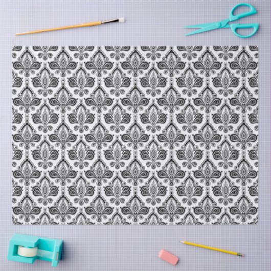 Classic Black and White Damask Textile Pattern 薄葉紙 (クラフト)